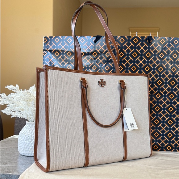 NWT , tory burch blake canvas jumbo tote natural classic cuoio - Picture 1 of 14